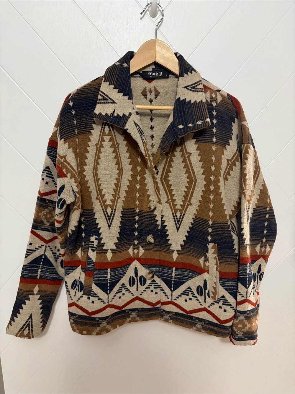 Blue B Aztec-Print Knit Cardigan Jacket in Brown & Navy